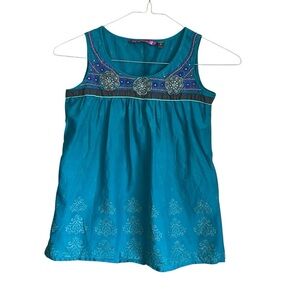 Globus Cotton Embroidered Sleeveless Blouse Tank- Teal Sz S